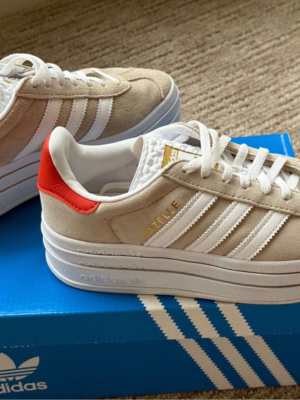Adidas Men's Beige and White Sneakers with Red Accents